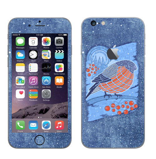 Наклейка на Телефон Apple iPhone 6 plus с яблоком Снегирь,  купить в Москве – интернет-магазин Allskins, птицы, зима, абстракция, снегирь, новый год
