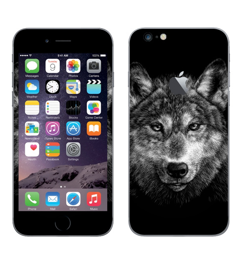 Наклейка на Телефон Apple iPhone 6 plus с яблоком Волчище,  купить в Москве – интернет-магазин Allskins, морда, животные, волк, полностьючерный, 300 Лучших работ