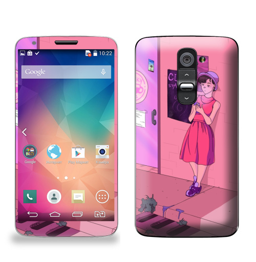 Наклейка на Телефон LG LG G2 Розовый вечер,  купить в Москве – интернет-магазин Allskins, розовый, кафе, девушка, улица, искусство, молота, вечер