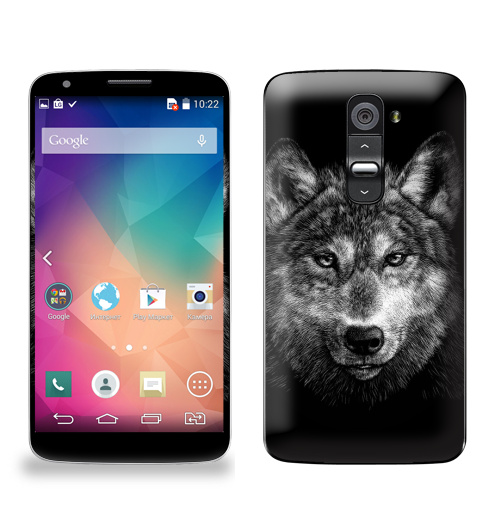 Наклейка на Телефон LG LG G2 Волчище,  купить в Москве – интернет-магазин Allskins, морда, животные, волк, полностьючерный, 300 Лучших работ
