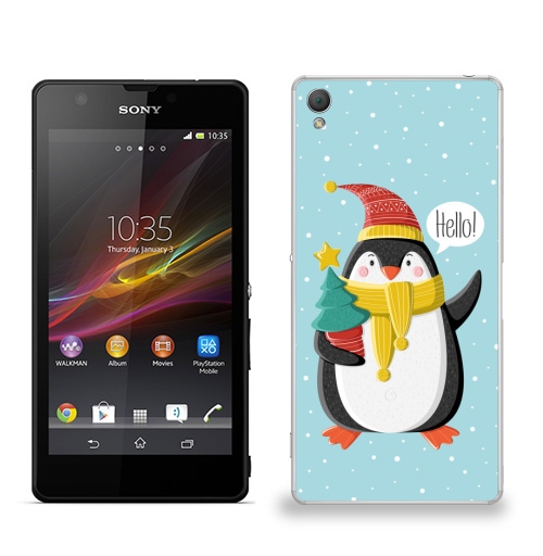 Наклейка на Телефон Sony Sony Z3 Пингвин с ёлкой,  купить в Москве – интернет-магазин Allskins, шапка, снег, новый год, пингвин, детские