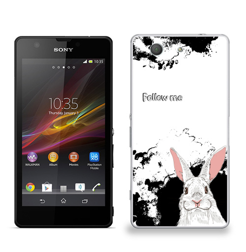 Наклейка на Телефон Sony Sony Z3 compact Следуй за белым кроликом,  купить в Москве – интернет-магазин Allskins, надписи на английском, заяц, белый, графика, надписи, черный, черно-белое, кролики, животные, зима
