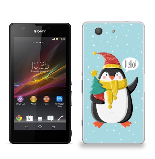Наклейка на Телефон Sony Sony Z3 compact Пингвин с ёлкой,  купить в Москве – интернет-магазин Allskins, шапка, снег, новый год, пингвин, детские