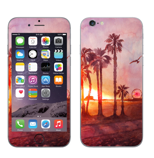 Наклейка на Телефон Apple iPhone 7 Закат в Санта Монике,  купить в Москве – интернет-магазин Allskins, красный, яркий, пейзаж, летний, лето, пальма, пальмы, солнце