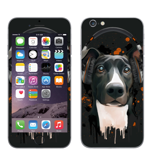 Наклейка на Телефон Apple iPhone 7 Пёс меломан,  купить в Москве – интернет-магазин Allskins, крутые животные, собаки, веселый, черный, животные, меломан, музыка, милые животные