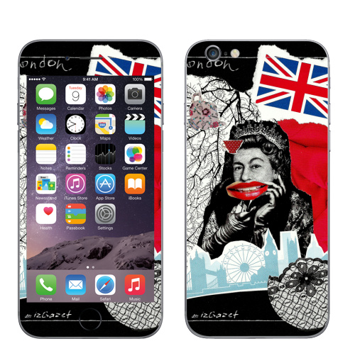 Наклейка на Телефон Apple iPhone 7 LONDONQUEEN,  купить в Москве – интернет-магазин Allskins, ИЗОБРАЗИТЕЛЬНОЕ ИСКУССТВО, коллаж, мода, Англия, ПОП АРТ, черный