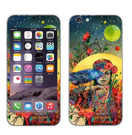 Наклейка на Телефон Apple iPhone 7 КОЛДУНЬЯ С ВОРОНОМ,  купить в Москве – интернет-магазин Allskins, ворона, девушка, деревья, рыба, солнце, луна, природа