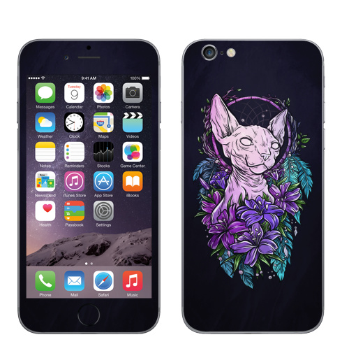Наклейка на Телефон Apple iPhone 7 Сфинкс в лилиях,  купить в Москве – интернет-магазин Allskins, кошка, Сфинкс, цветы, ловецснов, перья, лилии, синий, яркий