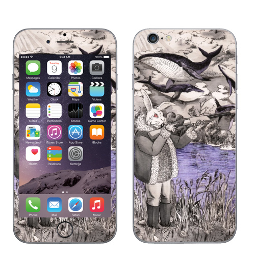 Наклейка на Телефон Apple iPhone 7 Разлетались тут,  купить в Москве – интернет-магазин Allskins, дед, злой_кролик, заяц, летающие_киты, киты, ружьё