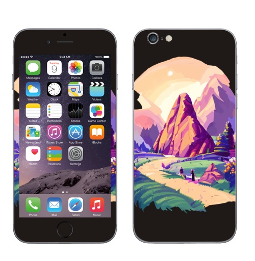 Наклейка на Телефон Apple iPhone 7 Летний горный пейзаж,  купить в Москве – интернет-магазин Allskins, поп-арт, читатель, лето, путешествия, яркий, модный, стильно, молодежный, бежевый, зеленый, фиолетовый, природный, горы, хиппи