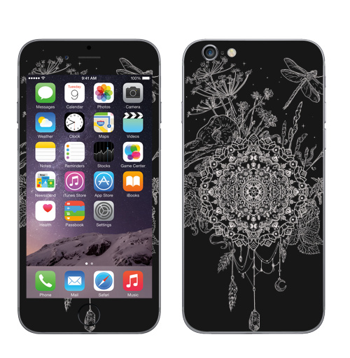 Наклейка на Телефон Apple iPhone 8 Русское поле,  купить в Москве – интернет-магазин Allskins, графика, череп, птицы, стрекоза, мандала, узор, ловец, крапива, черный