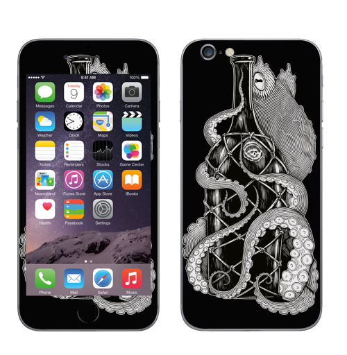 Наклейка на Телефон Apple iPhone 8 Алкоголик-водолаз,  купить в Москве – интернет-магазин Allskins, черно-белое, осьминог, животные, графика, алкоголь