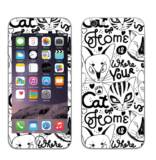 Наклейка на Телефон Apple iPhone 8 Твой дом там, где твой кот живет. Белый цвет,  купить в Москве – интернет-магазин Allskins, черно-белое, надписи на английском, надписи, монохромный, белый, черный, кошка, котята