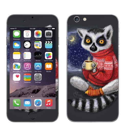 Наклейка на Телефон Apple iPhone 8 Уютный лемур,  купить в Москве – интернет-магазин Allskins, милые животные, теплый, мило, животные, новый год, ночь, какао, уютно, зима, свитер, лемур