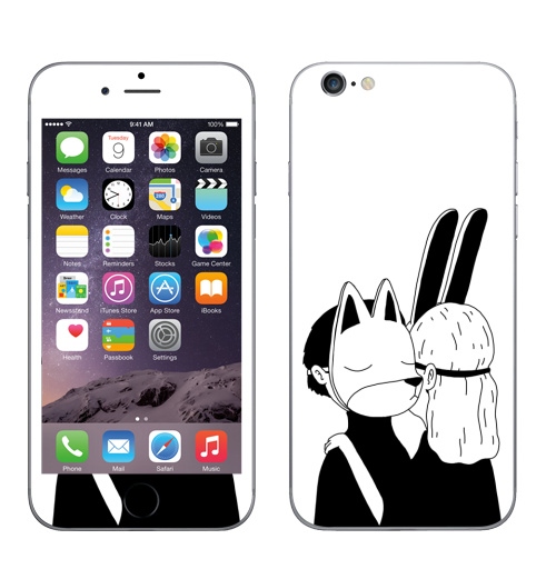 Наклейка на Телефон Apple iPhone 8 Лис и зайка,  купить в Москве – интернет-магазин Allskins, черное и белое, заяц, лиса, любовь