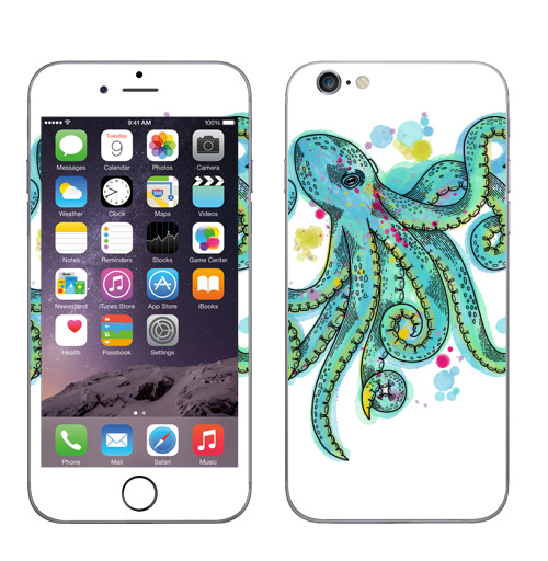 Наклейка на Телефон Apple iPhone 8 Бирюзовый осьминог,  купить в Москве – интернет-магазин Allskins, классика, осьминог, бирюзовый, графика, щупальца, морская