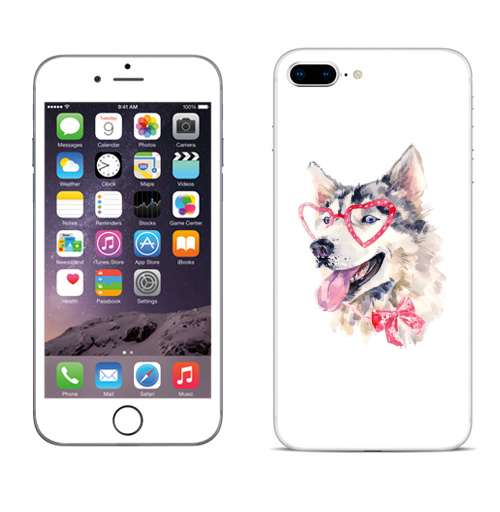 Наклейка на Телефон Apple iPhone 8 plus Модная собака,  купить в Москве – интернет-магазин Allskins, крутые животные, милые животные, мило, хаски, розовый, очки, акварель, собаки, детские