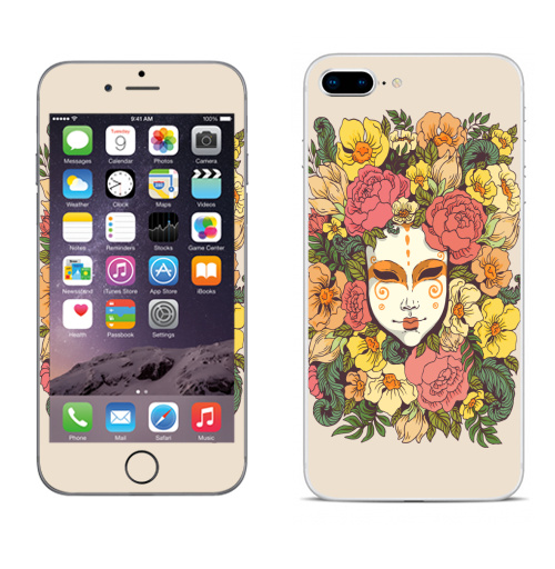 Наклейка на Телефон Apple iPhone 8 plus Цветочная маска,  купить в Москве – интернет-магазин Allskins, весна, лицо, цветы, маска, узор, декоративный, растение, букет, желтый