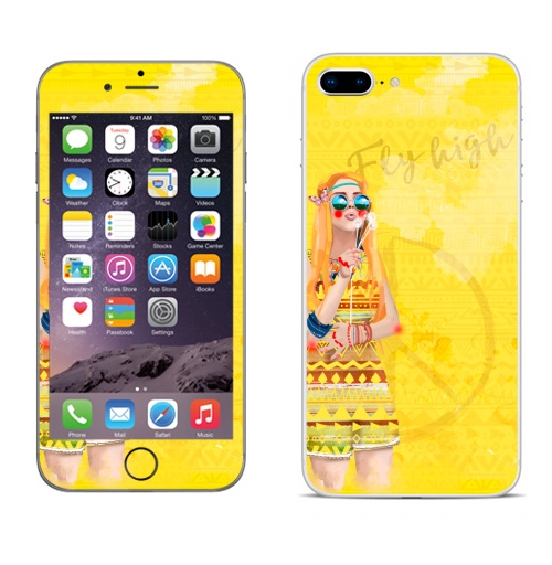 Наклейка на Телефон Apple iPhone 8 plus Девушка Хиппи,  купить в Москве – интернет-магазин Allskins, девушка, лето, желтый, оранжевый, хиппи, очки, рыжая, любовь, солнце