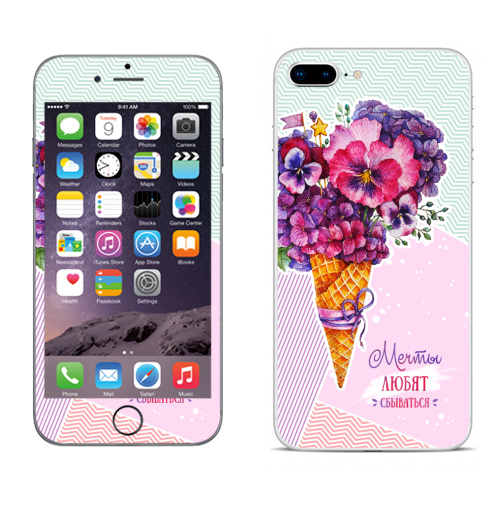 Наклейка на Телефон Apple iPhone 8 plus Цветочный рожок,  купить в Москве – интернет-магазин Allskins, надписи, анютыглазки, букет, цветокакварель, цветы, фиалки, гортензия, мороженоерожок, мороженое, акварель