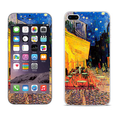 Наклейка на Телефон Apple iPhone 8 plus Ночная террасса кафе. Ван Гог,  купить в Москве – интернет-магазин Allskins, позитив, жизнерадостный, Ночнаятеррасса, Ван Гог, живописный, желтый, синий, красный, живопись, художник, художественный, мазки, кафе, ночь, плакат