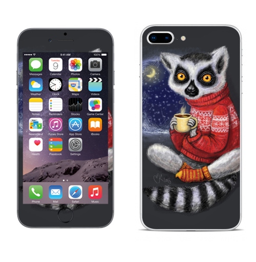 Наклейка на Телефон Apple iPhone 8 plus Уютный лемур,  купить в Москве – интернет-магазин Allskins, милые животные, теплый, мило, животные, новый год, ночь, какао, уютно, зима, свитер, лемур