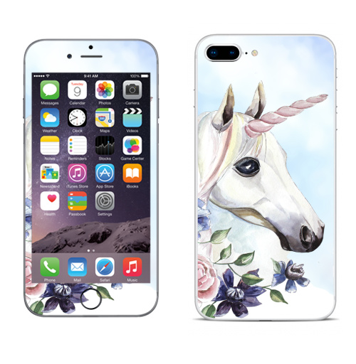 Наклейка на Телефон Apple iPhone 8 plus Единорог в цветах,  купить в Москве – интернет-магазин Allskins, единорог, цветы, акварель, васильки, василек, розовый, голубой, пастельный, лошадь