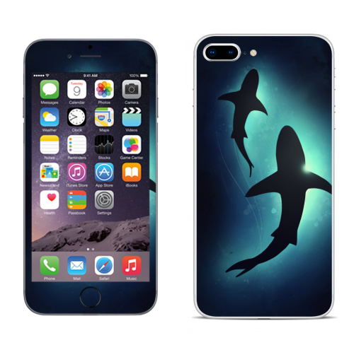 Наклейка на Телефон Apple iPhone 8 plus Черные акулы,  купить в Москве – интернет-магазин Allskins, брызги, акварель, иллюстация, паттерн, солнце, вода, оекан, морская, рыба, акула