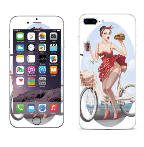 Наклейка на Телефон Apple iPhone 8 plus Девушка кушает бургер на велосипеде,  купить в Москве – интернет-магазин Allskins, девушка, бургер, велосипед, гозировка, платье, пин ап, красный, губы, горошек, позитив, веселый, радость, еда