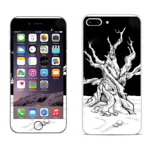 Наклейка на Телефон Apple iPhone 8 plus Старое дерево с дверью и ветками черно-белое,  купить в Москве – интернет-магазин Allskins, лес, ветка, черно-белое, графика, гравюра, дверь, черный_фон