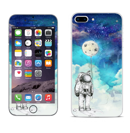 Наклейка на Телефон Apple iPhone 8 plus Космонавт на луне,  купить в Москве – интернет-магазин Allskins, луна, космонавтика, космонавтики, воздушныйшар, небо, ночноенебо, пейзаж, акварель, сюрреализм, голубой, синий, фиолетовый, стильно, яркий, роскошно, дорого, для_влюбленных, длявсех, космос
