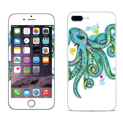 Наклейка на Телефон Apple iPhone 8 plus Бирюзовый осьминог,  купить в Москве – интернет-магазин Allskins, классика, осьминог, бирюзовый, графика, щупальца, морская