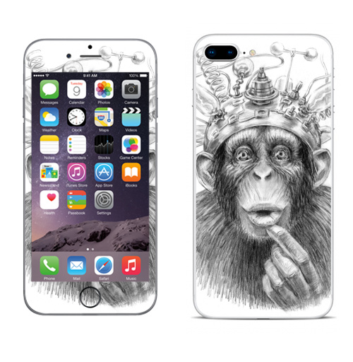 Наклейка на Телефон Apple iPhone 8 plus Умножитель интеллекта,  купить в Москве – интернет-магазин Allskins, обезьяна, мистика, фантастика, электроника, приматы, интеллект, зеркало, задумчивость, ретро, карандаш, эксперимент, лаборатория, лампочки, графика, космос, эволюция
