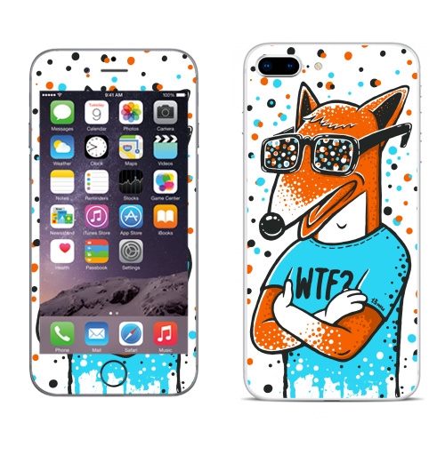 Наклейка на Телефон Apple iPhone 8 plus WTF?,  купить в Москве – интернет-магазин Allskins, милые животные, 300 Лучших работ, голубой, конфетти, очки, лиса, животные, оранжевый