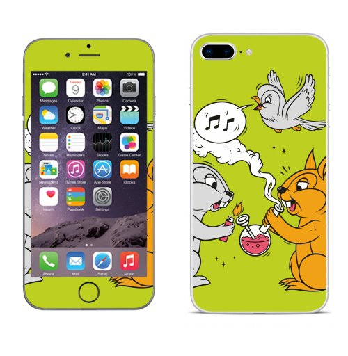 Наклейка на Телефон Apple iPhone 8 plus Funny friends,  купить в Москве – интернет-магазин Allskins, заяц, белка, дружба, дым, кальян, ноты, птицы