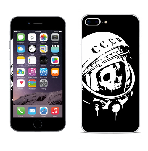 Наклейка на Телефон Apple iPhone 8 plus Прости, Юра,  купить в Москве – интернет-магазин Allskins, Гагарин, тёмное, подтеки, грандж, холод, череп, пустота, капли, космос