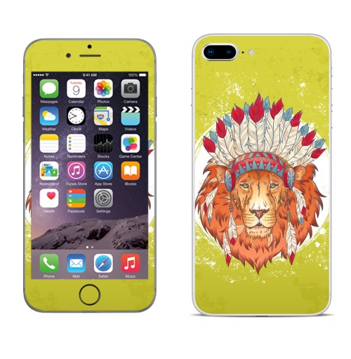 Наклейка на Телефон Apple iPhone 8 plus ВОЖДЬ ЗВЕРЕЙ,  купить в Москве – интернет-магазин Allskins, индеец, животные, лев, иллюстация, перья