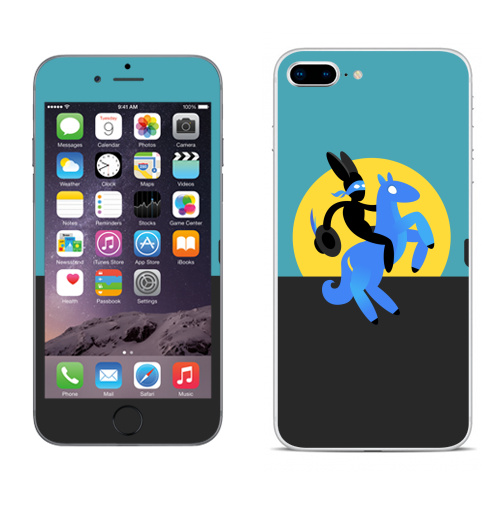 Наклейка на Телефон Apple iPhone 8 plus Синийконь,  купить в Москве – интернет-магазин Allskins, черный, зорро, синий, лошадь, заяц