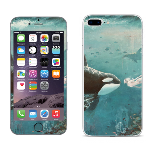 Наклейка на Телефон Apple iPhone 8 plus Орка,  купить в Москве – интернет-магазин Allskins, голубой, любовь, касатка, морская, подводная, дельфины, девушка, зеленый