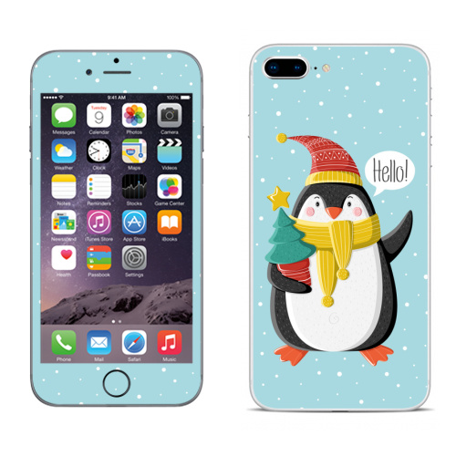 Наклейка на Телефон Apple iPhone 8 plus Пингвин с ёлкой,  купить в Москве – интернет-магазин Allskins, шапка, снег, новый год, пингвин, детские