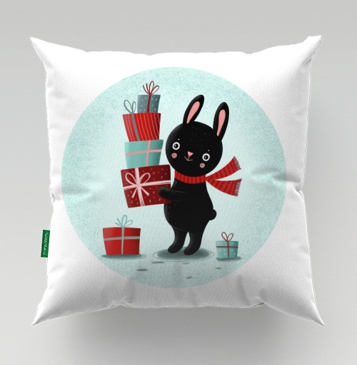 Наклейка на Подушки Подушки Подушка велюр плюшевая Черный кролик с подарками,  купить в Москве – интернет-магазин Allskins, кролики, заяц, читатель, новый год, символ, черный, красный, бирюзовый, символ_года, подарки