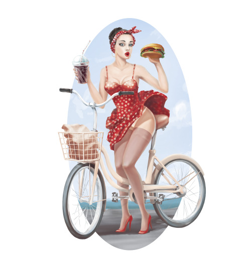 Наклейка на Планшет Apple 2019 – iPad 10,2&quot; Девушка кушает бургер на велосипеде,  купить в Москве – интернет-магазин Allskins, девушка, бургер, велосипед, гозировка, платье, пин ап, красный, губы, горошек, позитив, веселый, радость, еда