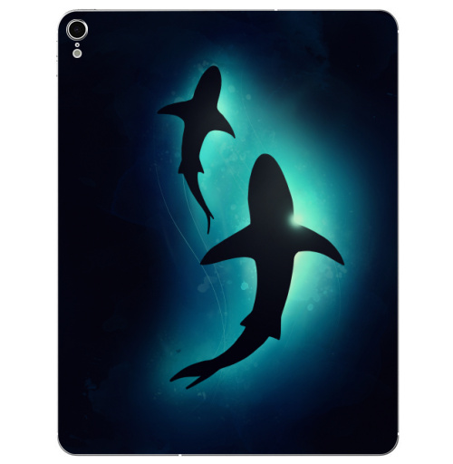 Наклейка на Планшет Apple iPad Pro 2015-2018 Черные акулы,  купить в Москве – интернет-магазин Allskins, брызги, акварель, иллюстация, паттерн, солнце, вода, оекан, морская, рыба, акула