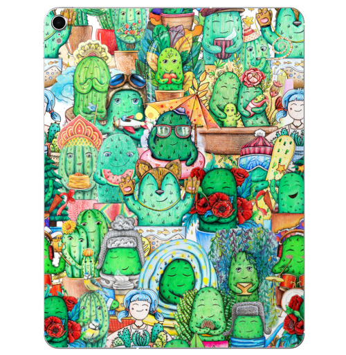 Наклейка на Планшет Apple iPad Pro 2015-2018 Большая компания кактусов,  купить в Москве – интернет-магазин Allskins, кактусы, иллюстация, зеленый, колючий, персонажи, работа