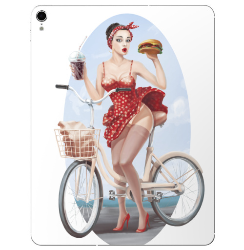 Наклейка на Планшет Apple iPad Pro 2015-2018 Девушка кушает бургер на велосипеде,  купить в Москве – интернет-магазин Allskins, девушка, бургер, велосипед, гозировка, платье, пин ап, красный, губы, горошек, позитив, веселый, радость, еда