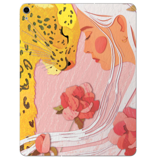 Наклейка на Планшет Apple iPad Pro 2015-2018 Девушка с леопардом,  купить в Москве – интернет-магазин Allskins, философские, нежно, авторскийрисунок, девушка, розовый, желтый, леопард, дикоеживотное, портреты, белокурая, блондинка, цветы