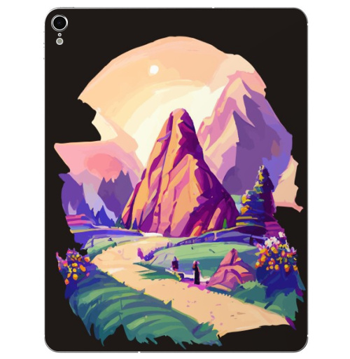 Наклейка на Планшет Apple iPad Pro 2015-2018 Летний горный пейзаж,  купить в Москве – интернет-магазин Allskins, поп-арт, читатель, лето, путешествия, яркий, модный, стильно, молодежный, бежевый, зеленый, фиолетовый, природный, горы, хиппи