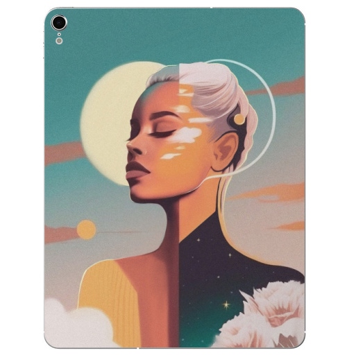 Наклейка на Планшет Apple iPad Pro 2015-2018 Сияющая красота, девушка солнце,  купить в Москве – интернет-магазин Allskins, ретро, желтый, изумрудный, зеленый, берюзовый, облока, пейзаж, космос, цветы, солнце, девушка