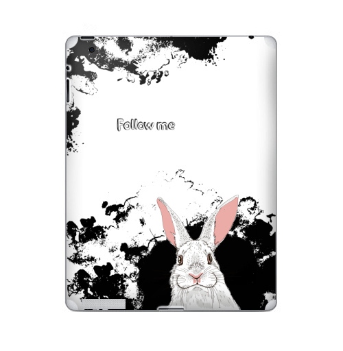 Наклейка на Планшет Apple iPad 5 2017-2018 Следуй за белым кроликом,  купить в Москве – интернет-магазин Allskins, надписи на английском, заяц, белый, графика, надписи, черный, черно-белое, кролики, животные, зима
