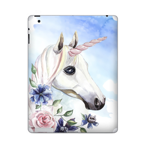 Наклейка на Планшет Apple iPad 5 2017-2018 Единорог в цветах,  купить в Москве – интернет-магазин Allskins, единорог, цветы, акварель, васильки, василек, розовый, голубой, пастельный, лошадь